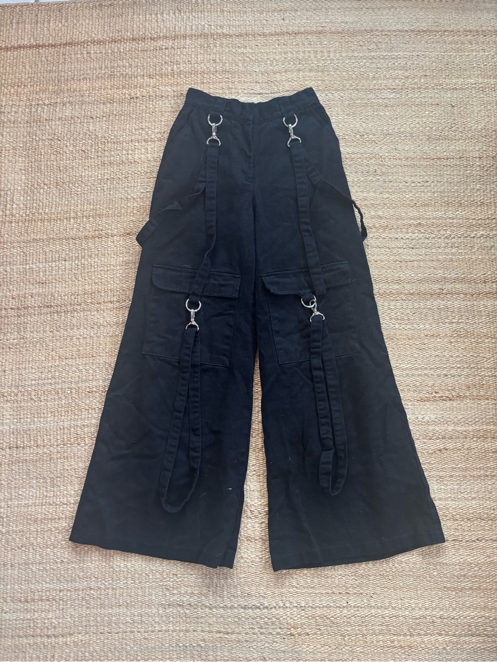 The Ragged Priest Black Wide-Leg Cargo Trousers with Strap & Ring Details